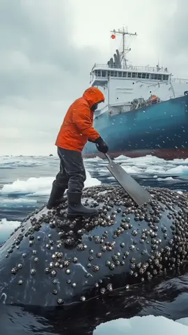 Man Using a Tool to Scrape Barnacles From a Whale.. #oceancleanup #whalecare #barnacles #sealife #satisfying #barnacles 
