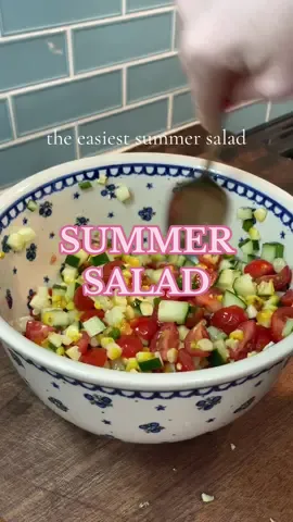 The easiest summer salad is filled with seasonal vegetables including corn on the cob, cherry tomatoes and cucumber. You can make this in less than 10 minutes and it’s the perfect summer side dish.  Ingredients:  1 cucumber  1 container cherry tomatoes  2 ears of corn (cook on grill or in air fryer)  1 lemon, juiced  Splash of olive oil  Salt Pepper  Green onion, chopped  Splash of apple cider vinegar  #summersalad #summerside #tomatosalad #sidedish #summerrecipe #cornsalad #healthyrecipeideas #easyrecipesathome #easysummerrecipe#creatorsearchinsights 