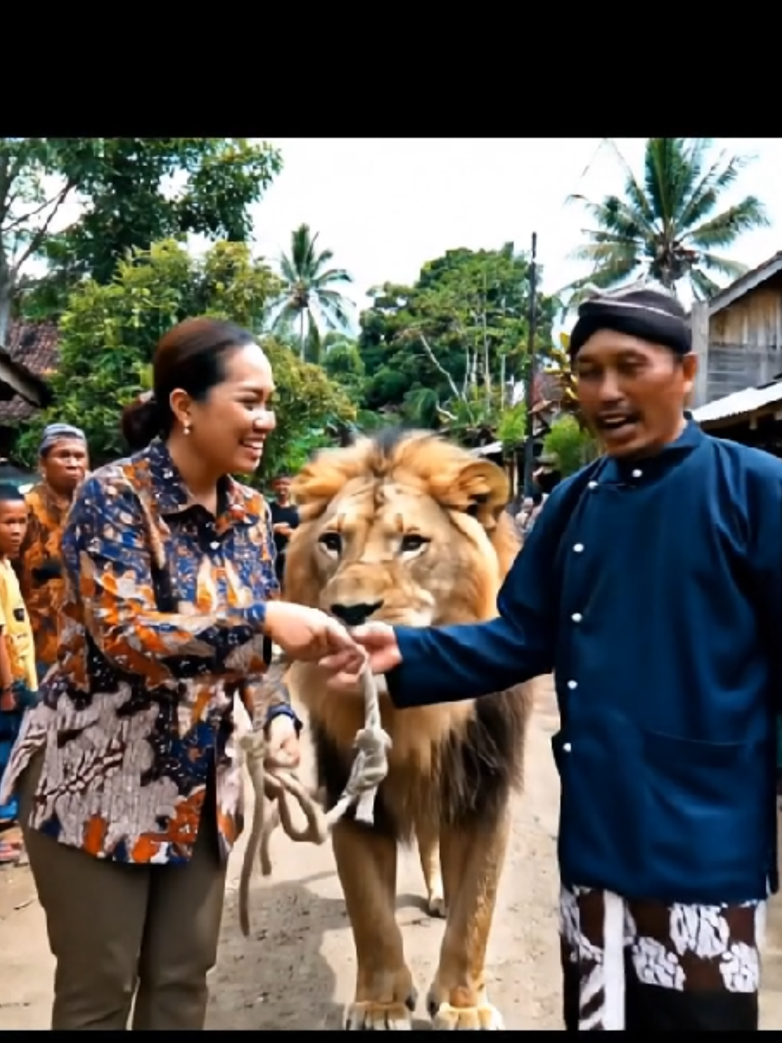 Membalas @sumintanano contoh prompt nya silahkan di copy kak dialognya diubah aja ..#AI #FYP #veo3  Seorang wanita paruh baya asal Indonesia sedang membuat vlog di desa terpencil di siang hari. Ia memegang kamera dengan percaya diri di satu tangan sambil menuntun seekor singa jantan besar seberat 250 kg di atas tali tebal di tangan lainnya. Singa itu tenang namun gagah, dengan surai penuh, berjalan di sampingnya. Jalan desa itu sempit dan berdebu, dipenuhi penduduk desa yang penasaran berdiri dalam barisan rapi di kedua sisi, menyaksikan pemandangan itu dengan takjub dan sedikit takut. Saat ia berjalan, wanita itu mendekati seorang pria berusia 50-an tahun yang mengenakan gamis biru tua dan sarung hitam. Ia dengan riang menyerahkan tali singa kepadanya, sambil tersenyum, dan berkata dalam bahasa Indonesia, 