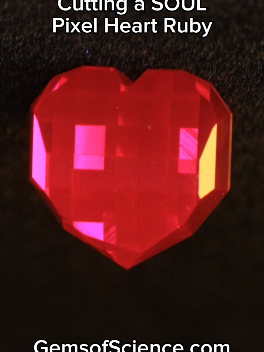 I finally got to cut this design!  I've been tweaking it off and on for over a year.  Check the stone out on GemsOfScience.com  #deltarune #undertale #heart #tobyfox #gems #ruby #pixels #pixelcut #michaelguybowman #gemstone #faceting #cutkit #process #gemcutting 