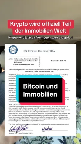 Bitcoin und Kryptowährung müssen jetzt auch als offiziellen Vermögenswert berücksichtigt werden, wenn in den USA Kredite bezüglich Immobilien vergeben werden. Das ist ein großer Schritt in Richtung komplette Akzeptanz von Kryptowährungen. Wie siehst du das, wird das in Europa auch kommen? #Bitcoin #Kryptowährungen #Kryptowährung #krypto #xrp #Ethereum #fhfa 
