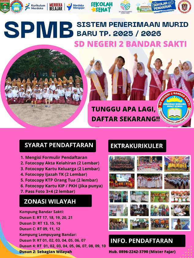 Ayo, ikuti SPMB (Seleksi Penerimaan Murid Baru) SD Negeri 2 Bandar Sakti, Kecamatan Terusan Nunyai, Kabupaten Lampung Tengah, Provinsi Lampung.  #SDTerbaik #Sekolah #ProfilSekolah  #SDNegeri2BandarSakti #SDN2BandarSakti #SDN2BS  #SekolahPenggerak #SD #SekolahDasar #SekolahFavorit #SekolahUnggul #SekolahUnggulan  Editor by: @mister_fajar