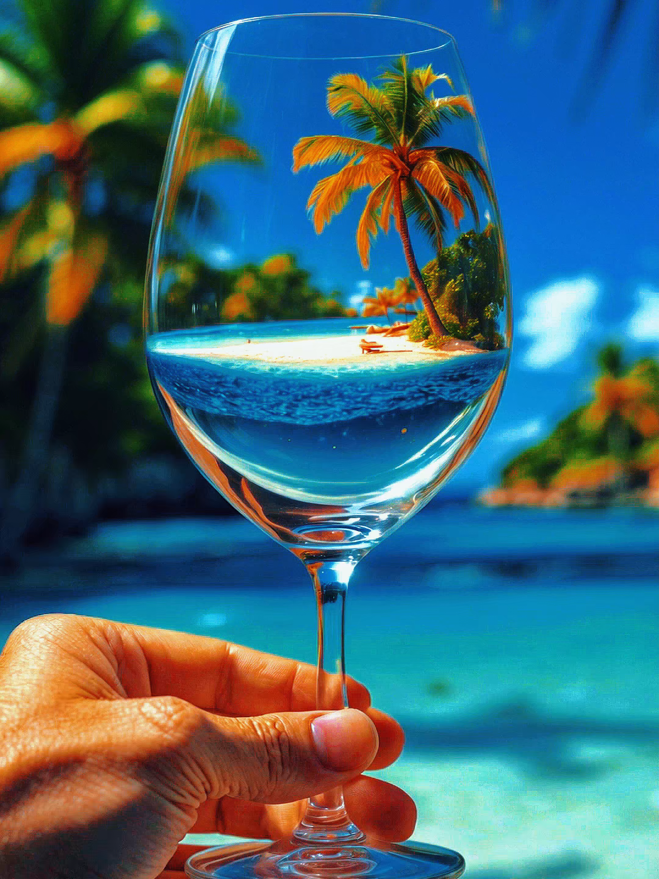 A hand holds a wine glass in front of a tropical background. Inside the glass, a miniature beach scene comes to life. #4kwallpaper #livewallpaper #wallpapers #wallpaper #foryouu #ocean