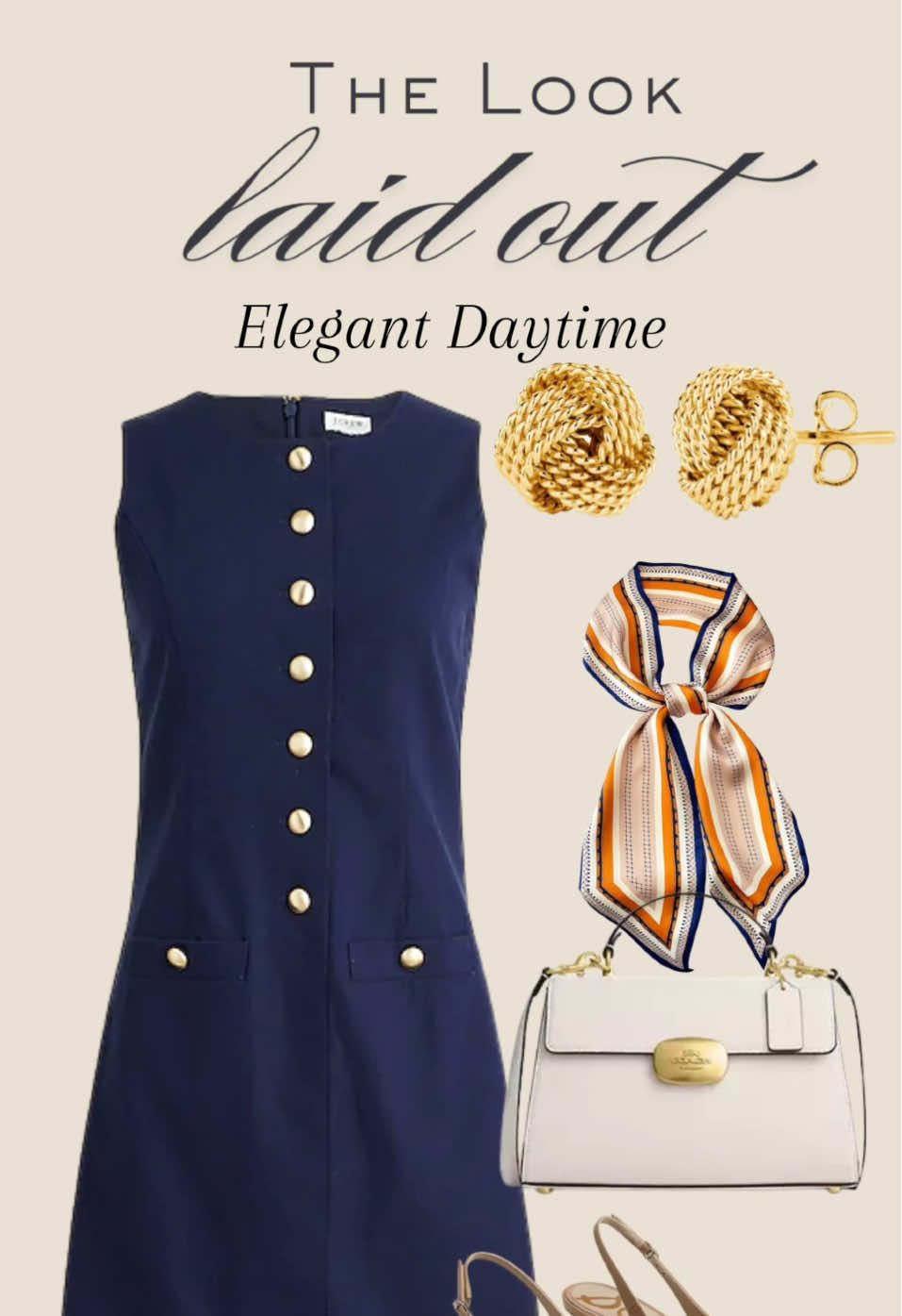 This outfit is the definition of timeless polish with a nod to quiet luxury. It features a structured navy sleeveless dress from J.Crew, detailed with gold tone buttons that give it a classic, tailored look. Paired with knot stud earrings from Amazon, the ensemble keeps accessories refined and minimal. A silk scarf from Amazon, in a soft palette of cream, orange, and navy, adds a touch of elegance, perfect for tying around the neck or looping through a handbag handle. Speaking of handbags, this white and gold Coach Outlet bag adds structure and sophistication without loud branding. Finally, nude slingback heels with a pointed toe complete the look, balancing style and comfort. When to Wear This Outfit This look is ideal for: • Business luncheons or professional meetings • Sunday brunch or church • Museum or gallery visits • Bridal showers or dressy daytime events • A smart casual office setting Is This Quiet Luxury? Yes, this is quiet luxury at its best. It is clean, elegant, and composed. Each piece is thoughtfully chosen for its timeless design, quality, and versatility, not for flashy labels. The overall vibe is sophisticated, confident, and effortlessly put together. #thelooklaidout #timelessfashion #classysummeroutfit #amazonfinds #oldmoneyaesthetic #summerdress 