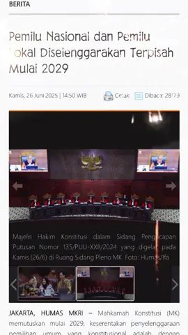 MK RI Menetapkan pemilu 2029 dilakukan secara terpisah antara nasional dan Lokal. #MengawalKonstitusi #salaMKonstitusi #MKRI #UUPemilu  #UUPilkada #fypシ 