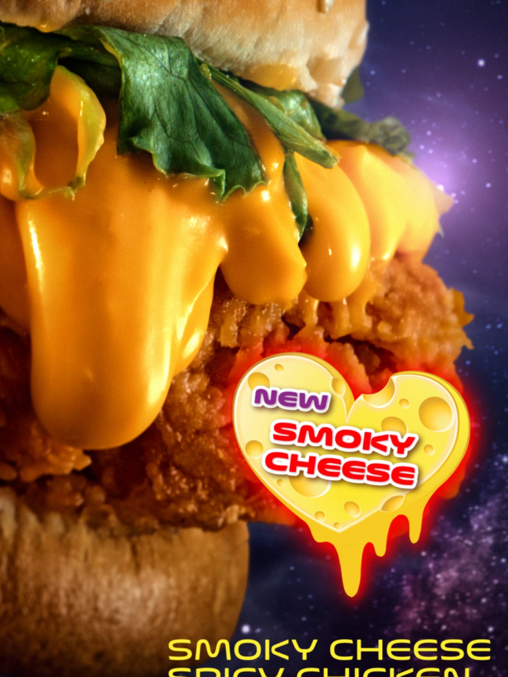 Blazing in from space: the Smoky Cheese Spicy Chicken Burger. Loaded with fiery heat and topped with our signature Smoky Cheese Sauce. One bite, and you're orbiting flavour. Taste the universe today. #MarrybrownMY #SomethingDifferent #MBMadeInMalaysia #MemangBuatanMalaysia #MBSmokyCheese 