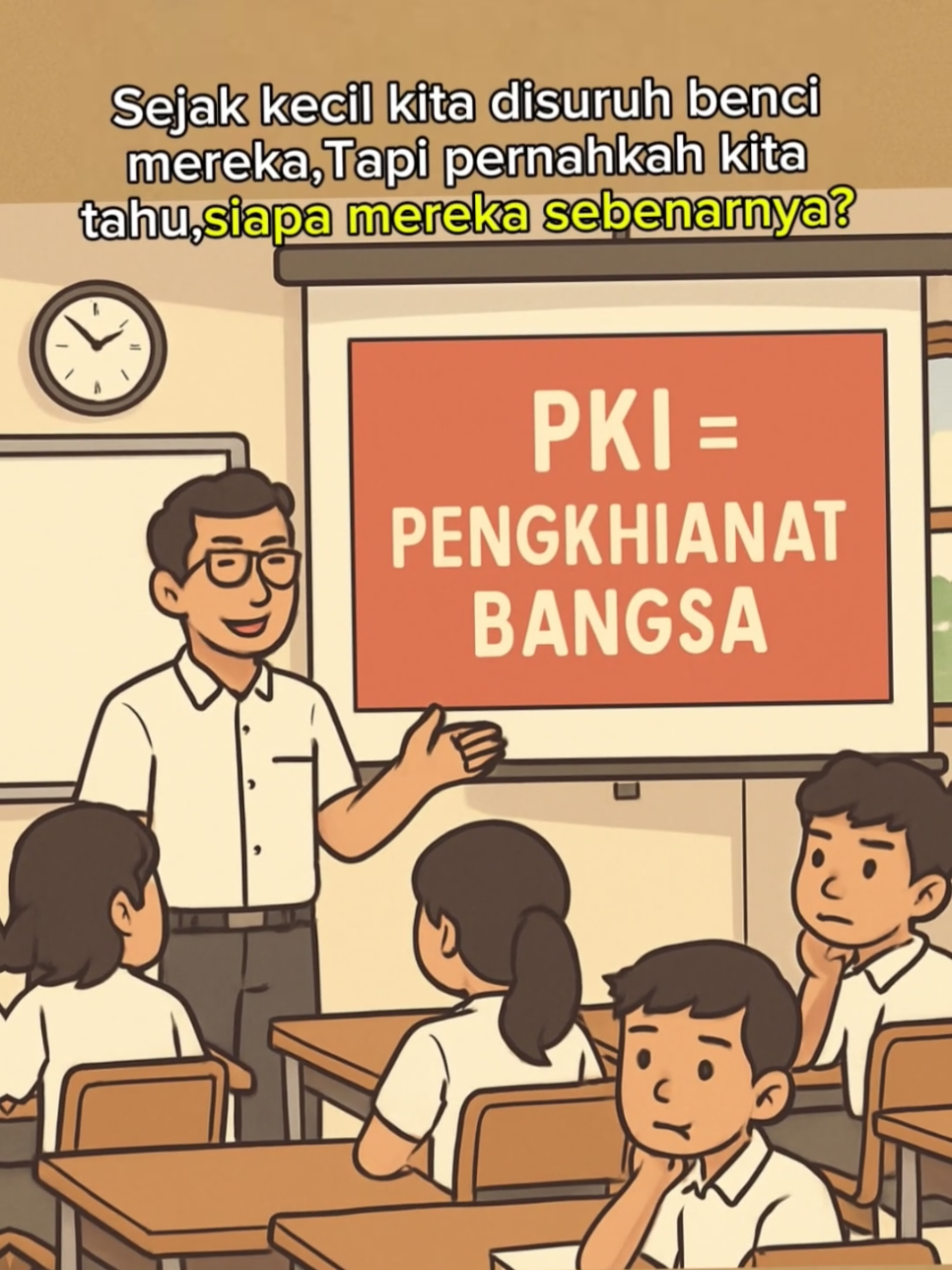 Kita diajari membenci PKI, tapi tak pernah diajari apa sebenarnya yang mereka perjuangkan. Kenapa? (Apakah kebencian itu diwariskan,tanpa pernah dipertanyakan?) Sejak kecil, banyak dari kita tumbuh dengan satu pesan yang sama: PKI itu jahat. Komunis itu pembunuh. Jangan pernah berpihak pada mereka. Tapi kita tidak pernah benar-benar diberi tahu: siapa mereka? apa idenya? kenapa mereka ada? Kita hanya mewarisi kebencian. Bukan pemahaman. Mekanisme Sosial & Politiknya: Orde Baru membangun narasi tunggal:  PKI = musuh negara. Mereka menghapus pelajaran sejarah yang netral, dan menggantinya dengan film propaganda wajib, seperti G30S/PKI,yang disiarkan tiap tahun.  Buku sejarah disensor. Arsip dikunci. Suara dari pihak lain dibungkam. Bahkan keturunan anggota PKI kehilangan hak politik.  Maka lahirlah memori kolektif buatan, bukan dari fakta, tapi dari rasa takut. Analogi Ringan: Bayangkan kamu diajari sejak kecil bahwa anjing hitam itu berbahaya. Setiap kali kamu tanya kenapa, mereka bilang: “Pokoknya, jangan dekati. Itu jahat.” Kamu tumbuh menghindarinya. Tapi suatu hari, kamu lihat anjing hitam itu duduk tenang, tidak menggonggong. Dan kamu mulai bertanya: Apa yang sebenarnya pernah dilakukan anjing itu? Fakta Nyata: PKI saat itu bukan hanya organisasi revolusioner. Mereka juga membela petani tak bertanah, buruh yang tertindas, dan memperjuangkan akses pendidikan rakyat kecil. Mereka pernah jadi partai legal, bahkan terbesar ke-3 di dunia setelah Uni Soviet dan China. Tapi konflik politik, kesenjangan ekonomi, dan kekacauan elite negara, meledakkan semuanya jadi tragedi pembantaian massal. Lebih dari 500.000 orang dibunuh hanya karena dicurigai. Kesimpulan: Kita tidak sedang membenarkan PKI. Kita hanya sedang bertanya: Kenapa kita dilarang tahu? Karena jika kita takut membuka sejarah, mungkin bukan karena kebenarannya terlalu gelap.  tapi karena kita takut kehilangan versi sejarah yang membuat kita merasa suci. Jika kebenaran itu berbahaya. Apakah kita lebih memilih hidup dengan kebohongan yang nyaman? #FaktaSejarah   #SejarahIndonesia   #KisahYangTakDiceritakan   #CeritaTersembunyi   #NarasiYangHilang   #PernahKepikiran   #DariSudutLain   #PertanyaanMengganggu   #TabuTapiNyata   #ApaYangKitaTahu 
