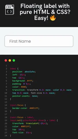 Floating label with pure HTML & CSS? Easy! 🔥#htmlcss #cssanimations #webdesign #creativedesign 
