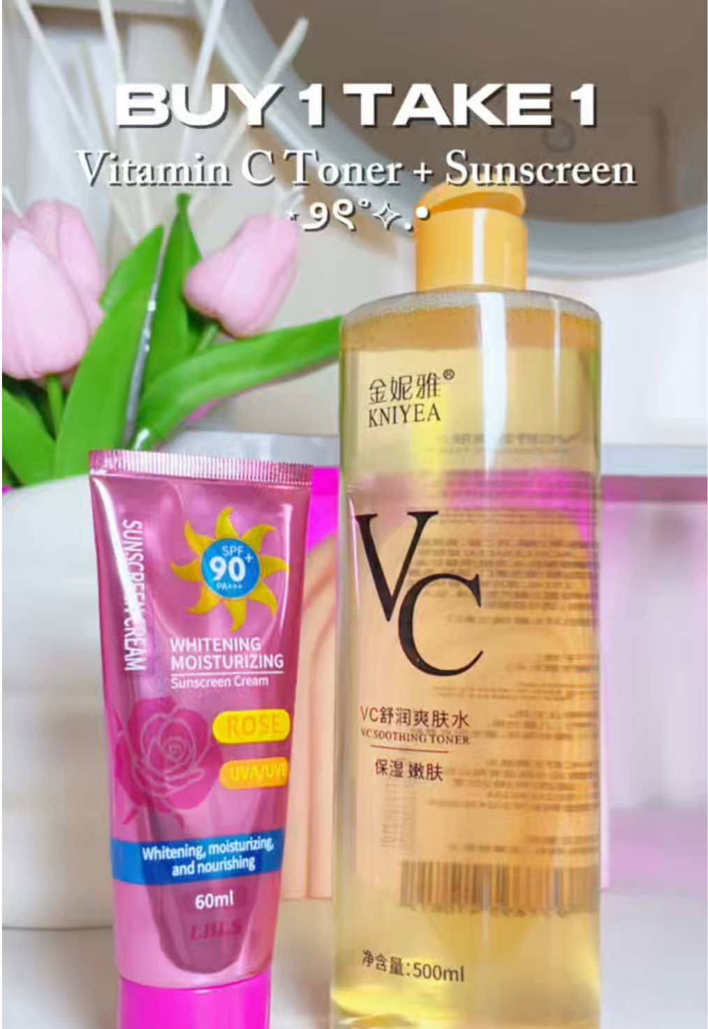 buy1take1 >> vitamin c toner + sunscreen! 🫶🏻✨ #vctoner #vitaminctoner #vctoner500ml #skincare #toner #fyp #fy 