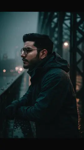 Promot: Profile shot of me leaning slightly on the rail of a large steel bridge in the rain. The city glows in the distance. Reflections in puddles ripple from raindrops. I wear a waterproof shell and scarf, looking contemplatively into the distance. Desaturated colors, with only a few warm highlights from distant headlights. #chatgpt #promot #ai 