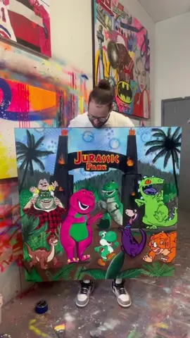 Who’s excited for Jurassic World?! This here is one of my favorite paintings I’ve ever created! Can you name all the famous dinosaurs features? “Jurassic Parks’s Most Famous Dinos” 48x48 inches Acrylic and Spray Paint on Canvas Available for immediate purchase. Prints available also! Message me or comment below for details!  #jurassicpark #jurassicworld #dinosaur