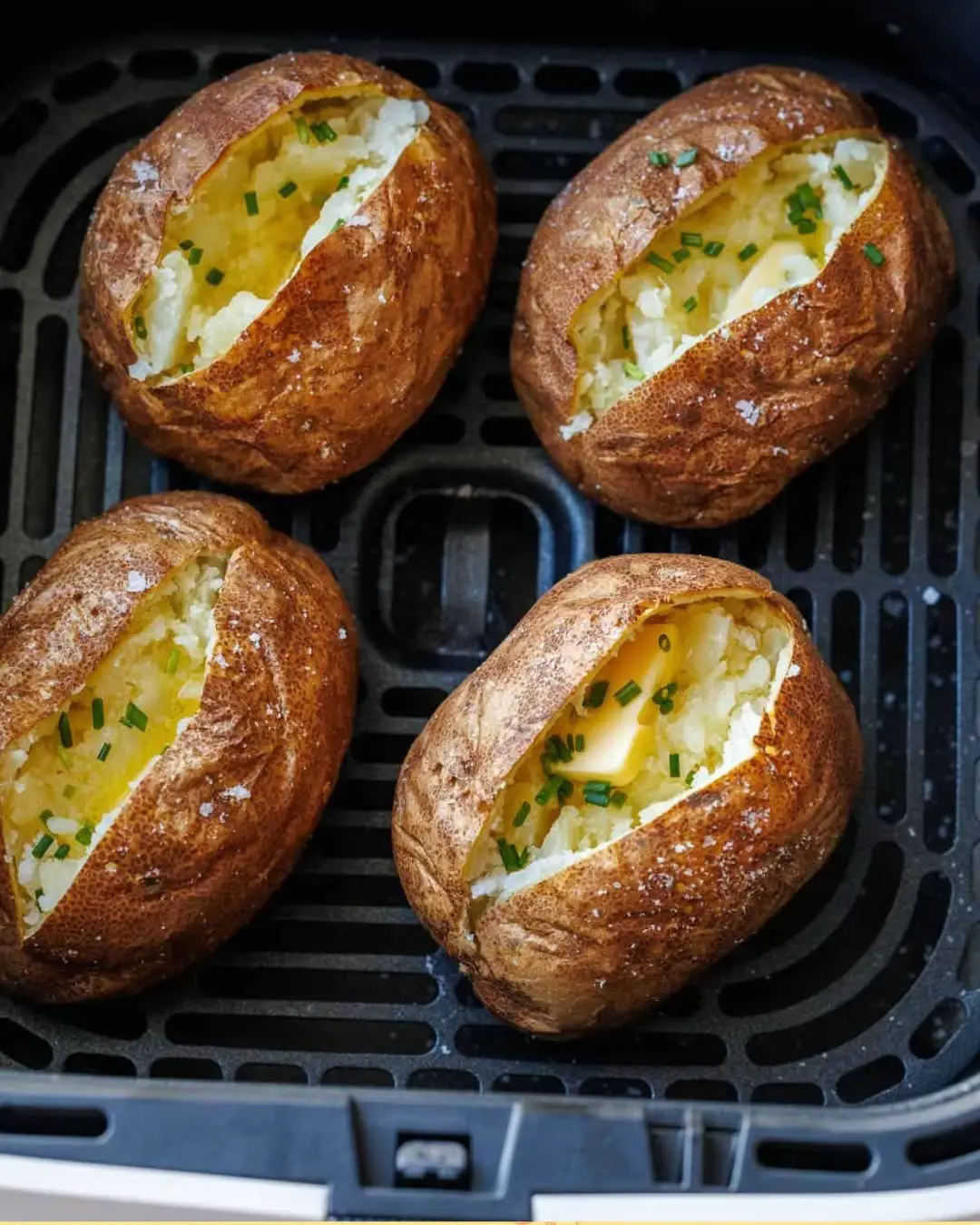 Air Fryer Baked Potato Rezept – Knusprige Haut & weiches Inneres in nur 45 Minuten! --- **Zutaten (für 4 Portionen):** * 4 mittelgroße Russet-Kartoffeln (ca. 7–9 oz / 200–255 g) * ½ TL Meersalz (nach Geschmack) * 1 EL Olivenöl oder Kochspray --- **Zubereitung:** 1. Kartoffeln unter fließendem Wasser gründlich schrubben und mit einem Tuch trockenreiben. 2. Die Kartoffeln rundherum mit einer Gabel 4–5 Mal einstechen. Mit Olivenöl einreiben und mit Salz bestreuen. 3. Die Kartoffeln in den Korb des Air Fryers legen. 4. Bei 200 °C (400 °F) für 35–45 Minuten garen, nach der Hälfte der Zeit wenden. Die Garzeit variiert je nach Größe der Kartoffeln, bis sie mit einem Messer leicht durchstochen werden können. 5. Mit einer Zange herausnehmen und servieren. --- **Garzeit nach Kartoffelgröße:** * 200 g (7 oz): ca. 35 Minuten * 225 g (8 oz): ca. 40 Minuten * 255 g+ (9 oz+): 45–50 Minuten --- **Lagerung & Aufwärmen:** * Reste abkühlen lassen, dann im Kühlschrank abgedeckt 3–5 Tage lagern. * Zum Einfrieren einzeln einwickeln, haltbar bis zu 3 Monate. * Zum Aufwärmen direkt aus Kühlschrank oder Gefrierfach in den Air Fryer bei 200 °C geben, bis sie durchgewärmt sind. Mikrowelle funktioniert auch, aber die Haut wird nicht knusprig. --- **Nährwerte pro Portion:** Kalorien: 199 kcal | Kohlenhydrate: 38 g | Protein: 5 g | Fett: 4 g --- Dieses Rezept ist super einfach und liefert dir perfekte, knusprige Ofenkartoffeln ohne lange Vorheizzeit. Probier’s aus – du wirst begeistert sein! #ayrfreirbackkartoffel #backkartoffeln #heisluftfrituserezepte 