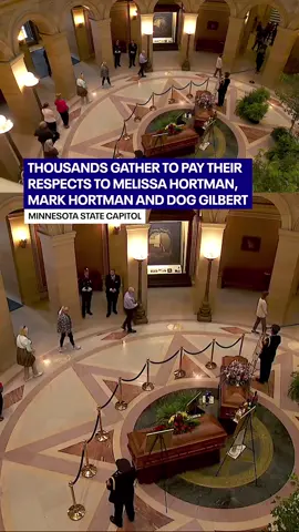 Thousands of people lined up at the Minnesota State Capitol on Friday to pay their respects to Rep. Melissa Hortman, her husband Mark and their dog, Gilbert. Rep. Hortman is the first woman, and one of fewer than 20 Minnesotans, to lie in state at the Minnesota State Capitol in St. Paul, according to the governor's office. There is also a Dog Honor guard on hand, with 12 golden retriever service dogs rotating to make sure Gilbert has two dogs standing guard throughout the day.