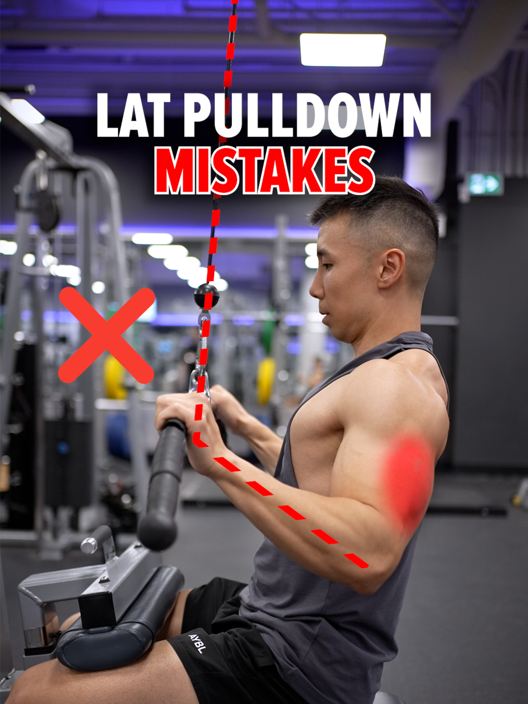 🚫 Lat Pulldown Mistakes (FIX THESE!) 1️⃣ Loose thigh pad Not securing the thigh pad tightly reduces your leverage and stability. ✅ Lock it firmly against your thighs to stay anchored. 2️⃣ Grip too narrow A narrow grip limits strength and lat engagement. ✅ Use a grip slightly wider than shoulder width. 3️⃣ Internally rotated shoulders Starting with elbows flared out (shoulders internally rotated) causes the elbows to drift outward. ✅ Externally rotate your shoulders so your elbows point slightly forward — this aligns your lats for better activation. 4️⃣ Poor cable alignment If your forearms aren’t in line with the cable at the bottom, your triceps take over. ✅ Keep your forearms in line with the direction of pull to maintain lat tension. 5️⃣ Elbow flaring Letting your elbows flare engages your traps and biceps instead of your lats. ✅ Keep them tucked and drive them down alongside your torso. 6️⃣ Shrugging your shoulders Shrugging shifts tension away from your lats and into your traps. ✅ Depress your shoulders as you pull, and allow them to rise naturally as you return to the top. Size & Shred Training program 👉🏻 deltabolic.com (link in bio) Outfit from @ayblmen  👉🏻 use code 