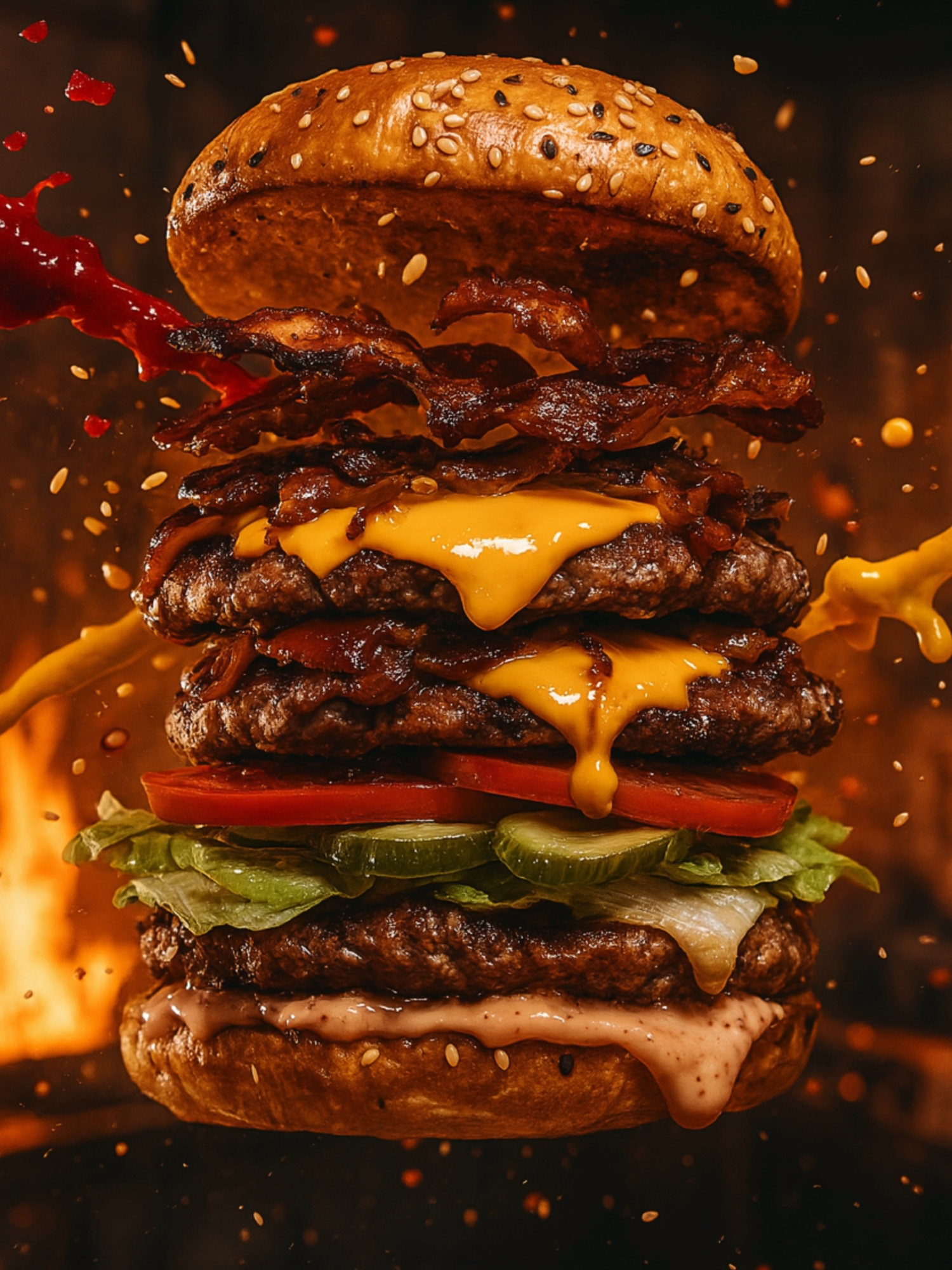 Generate an image based on the following prompt and the reference image: A high-speed, cinematic capture of a cheeseburger mid-build, with layers of beef patties, melting cheddar, lettuce, tomato, pickles, and buns suspended in the air. Exploding behind it are splashes of ketchup and mustard, flying onion rings, sesame seeds, and sizzling bacon fragments. The background is set in a flame-lit industrial diner kitchen with grungy walls and glowing ember sparks, evoking a fierce culinary showdown. No people should be in the frame. Shot on a Sony a7 IV with a 70mm f/2 GM lens – featuring macro-level sharpness, freeze-frame motion, dramatic warm lighting, shallow depth of field, and intense textural clarity.  Format: 1080px x 1350px. #learclass #estudiasinlimites