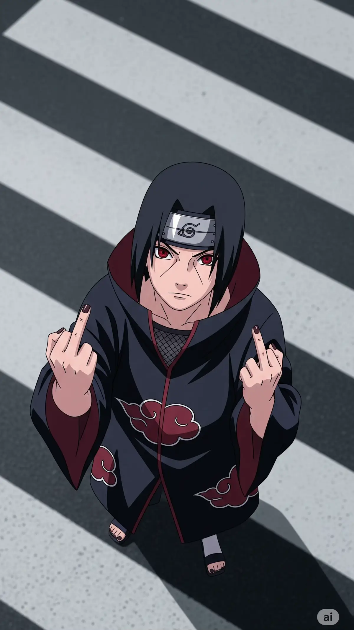 Prompt : Buatlah foto Uchiha itachi menggunakan jubah akatsuki, sedang berdiri di persimpangan jalan, rambutnya warna hitam, mata mangekyo sharingan uchiha itachi sedang aktif, tangan kanan menunjukkan jari tengahnya, tangan kirinya juga menunjukkan jari tengah, pengambilan foto dari atas, uchiha itachi melihat ke arah kamera yang ada di atas dengan tatapan tajam, buatlah dengan rasio 9:16 #narutoshippuden #itachi #itachiuchiha #jointrend #sasukeedit #fyp #fypage #fyp 