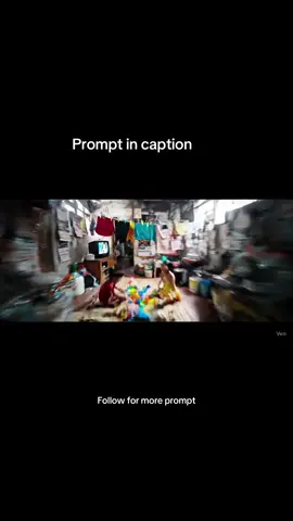 Prompt :  A high-speed, unbroken 8-second daytime shot in a  hyper-dense Indonesian slum neighborhood.  The camera moves rapidly and continuously through interconnected rooms,  using only physical transitions — doors, windows,  vents, stairwells, narrow gaps — no cuts, no slow motion. It begins inside a cramped, cluttered living room,  with a dusty TV playing soap operas, kids playing on the floor.  The camera surges forward, dodging hanging laundry,  then slips through a partially open door into a narrow  bedroom with barely enough space to walk. It pushes through a hanging curtain,  entering a side hallway filled with clotheslines and cracked paint,  then squeezes out a small window into an adjacent outdoor kitchen,  where oil splatters in a wok over a gas flame.  The camera flies over the stove and dives into a narrow cement passage,  brushing past stacked plastic pails. Suddenly,  it rises over a wall and glides across the top  of a roofless outdoor bathroom. Below, a man is squatting on a toilet,  shirtless, calmly reading a newspaper.  A single sandal lies beside him. The bathroom  walls are made of patched concrete, and steam rises from a small bucket. The camera does not stop, instead quickly tilts upward  and ascends vertically, passing over exposed clotheslines and a rusted metal rooftop.  It continues into a tiny attic room filled with old furniture, then bursts through a hole in the wall into the next house’s living room,  where an old fan spins and someone naps on the floor. The movement is nonstop, fast, fluid, and spatially logical.  No teleportation. All transitions through real architectural  features in a crowded, chaotic urban setting. Shot in bright daylight. Absurd, energetic, hyperreal. 8K cinematic realism, one take.