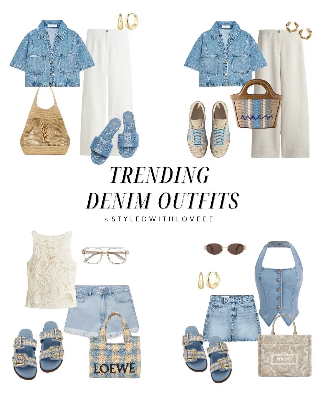 TRENDING DENIM STYLE 🔥 1- Casual chic at its finest! This outfit is perfect for a day out with friends or a relaxed evening. The denim jacket adds a cool touch, while the white pants keep things light and airy. The colorful bag and gold hoops add a pop of personality.  2- When denim meets resort chic. The cropped denim top adds structure, perfectly balanced with flowy white pants for that breezy summer ease. Styled with gold hoops, a raffia YSL-inspired tote, and designer-look slides, it’s the kind of outfit that looks high-end—but every piece is a steal. Vacation or not, this one’s a closet staple.  3- Serving coastal cool with a side of sparkle 💙 This Amazon look is the ultimate low-key luxe summer vibe. The lace crochet tank adds just the right amount of texture, paired with effortless denim cutoffs and those dreamy buckle slides (yes, they’re Amazon!). Top it off with oversized sunnies and a gingham-inspired tote that feels straight out of a European beach market.  4- This Amazon edit brings bold, modern energy with a cinched halter corset top and matching mini skirt—perfect for everything from beach clubs to rooftop days. Paired with embellished slides, gold hoops, and retro oval sunnies, it’s giving main character energy in the chicest way. And that Versace-inspired tote?  #amazonstyle #denim #denimondenim #denimfashion #fashion #amazonstyle #fashionista #amazonfashion #amazonfashionfinds