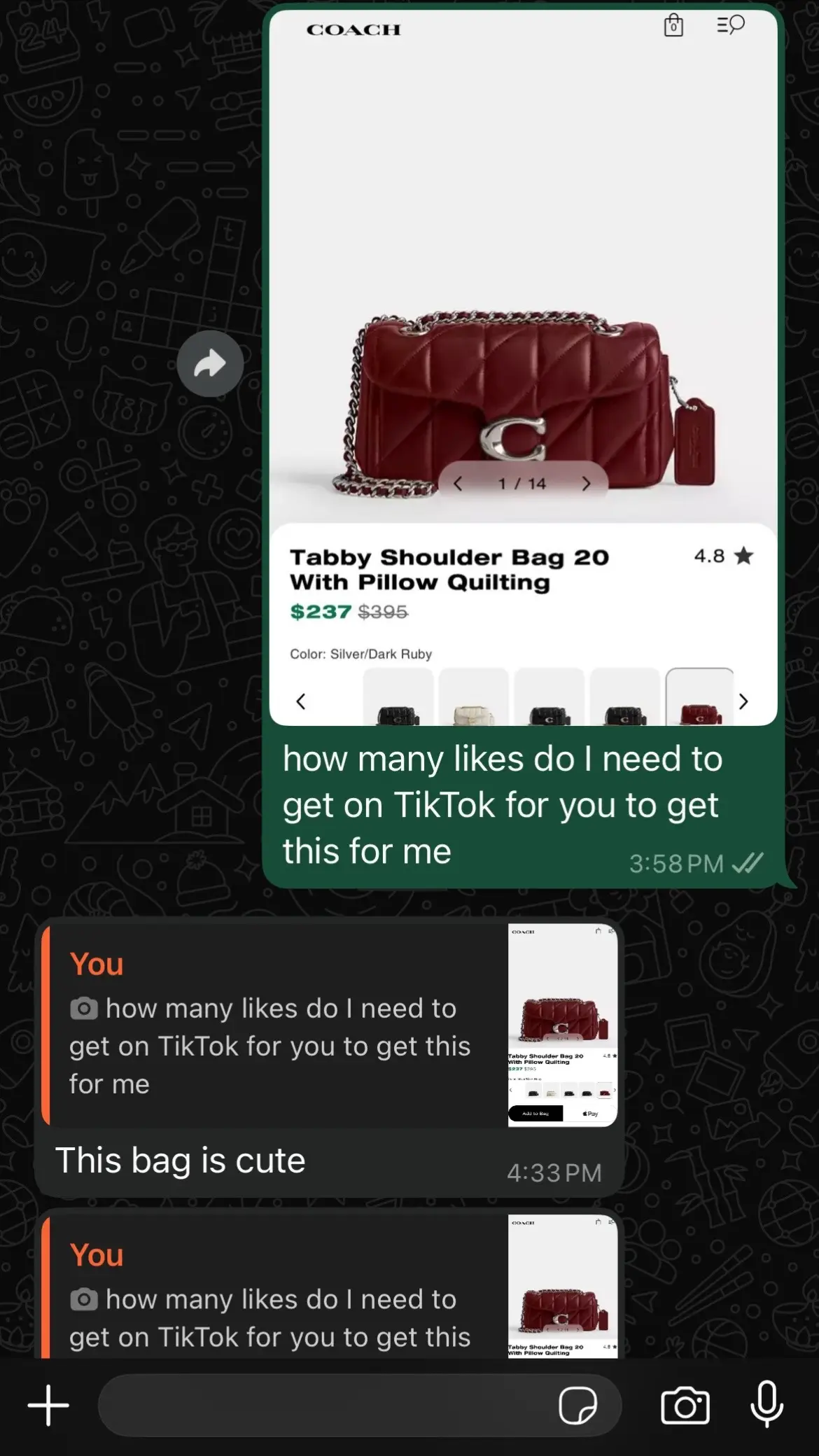 He said 100 likes and the Tabby is mine… y’all better not fumble this for me 😭👀👜 @Coach  #CoachBag #TikTokMadeMeDoIt #ManifestingMode #FYP #TabbyShoulderBag #Trending #LuxuryOnALike #GetHerTheBag #DarkRubyDreams #HanaSimone❤️‍🔥 #AugustaGA  