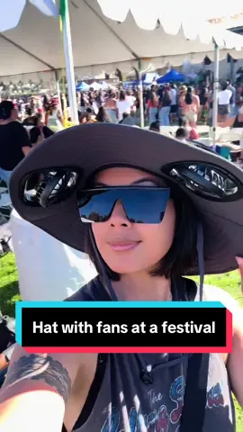 My husband uses it for work and I wear it out to keep cool. #hatwithfans #festivalfashion #solarpowered #coolingfan 
