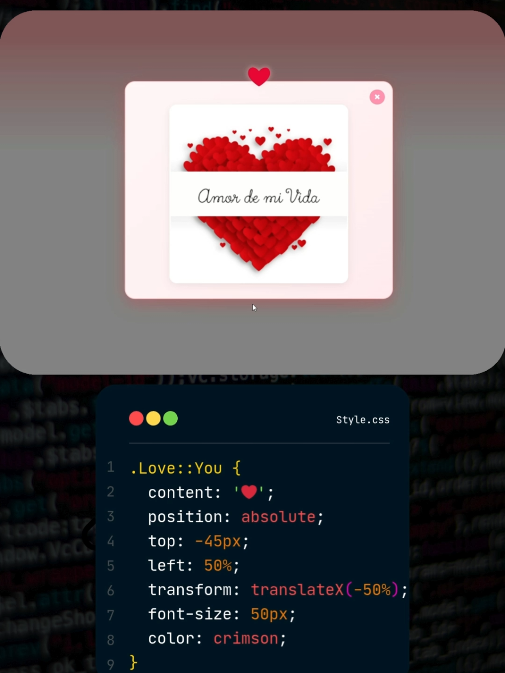 Mensajes de amor para dedicar. Heart Love Html Css y Javascript  #❤️ #ilove #iloveyou #loveyou #html #code #programming #dev #teamo #milove #heart #programacion 