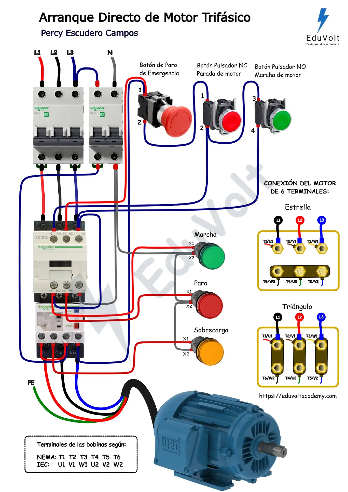 Te presento un esquema de Arranque Directo de Motor trifásico, incluye el diagrama de potencia y mando con señalización luminosa. Síguenos y no dejes de aprender con @EduVolt #eduvolt #electrotecnia #logicacableada #electricidadindustrial #motorelectrico 