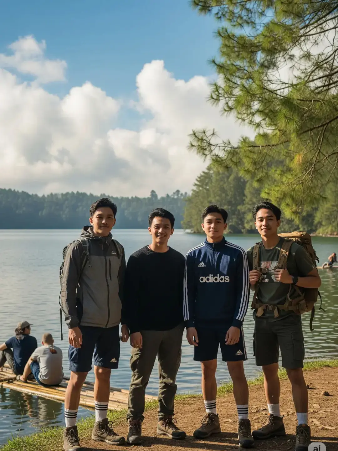 Keseruan 4 sahabat yang sedang menikmati suasana danau di Jawa Barat. Suasananya masih begitu asri. Perjalanan ke tempat ini juga tidak terlalu ekstrim, cuaca cerah sangat mendukung liburan ini. Air disini begitu jernih dan terjaga. Terdengar berbagai macam suara burung berkicau saling menyapa. #AI #Gemini #fakesituation 