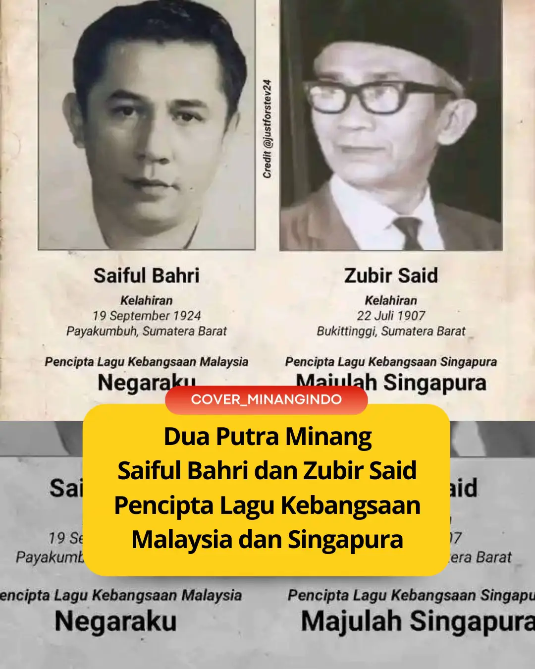 Saiful Bahri dan Zubir Said, Dua Putra Minangkabau Pencipta Lagu Kebangsaan Malaysia dan Singapura Saiful Bahri dan Zubir Said, dua putra Minangkabau, pencipta lagu kebangsaan Malaysia dan Singapura. Dari ranah yang kaya adat dan sastra, dua nama itu mencuat. Bukan hanya dalam pentas nasional, tapi juga dalam lembar sejarah dua negara tetangga. Malaysia dan Singapura—dua negeri jiran Asia Tenggara—ternyata menjadikan karya putra Minangkabau sebagai lagu kebangsaan mereka. Yang pertama adalah Saiful Bahri, putra kelahiran Payakumbuh, Sumatera Barat. Ia adalah komponis ulung yang mengukir sejarah di Malaysia. Lagu ciptaannya, “Negaraku”, kini dikumandangkan di setiap upacara resmi dan momen kenegaraan Malaysia. Tak hanya itu, Saiful Bahri juga dikenal sebagai tokoh penting dalam perkembangan musik Melayu di era transisi kemerdekaan. Sementara di Singapura, nama Zubir Said tak lekang oleh waktu. Lahir di Fort de Kock—yang kini dikenal sebagai Bukittinggi—Zubir menorehkan namanya lewat lagu “Majulah Singapura”. Lagu itu tak hanya menjadi simbol negara, tapi juga nyawa semangat warga Singapura dalam menatap masa depan. Hingga hari ini, Zubir Said dikenang sebagai pahlawan seni yang memberi jiwa pada bendera Singa. Dua lagu kebangsaan. Dua nama besar. Dan satu tanah asal: Minangkabau. Dari kaki Gunung Merapi dan lembah Harau, gema karya anak bangsa ini melintasi selat dan perbatasan, menjelma bagian tak terpisahkan dari identitas negara lain. Begitulah Minang—sarat petuah, tapi juga penuh kejutan