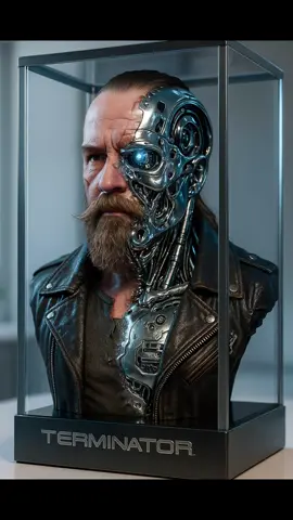 1. Open ChatGTP 2. Select Your Photo 3. Copy Below Prompt Prompt:  “Create a vertical 9:16 hyper-realistic bust portrait of a man (referencing attached image) reimagined as a fusion between human and T-1000 Terminator. The bust is showcased inside a premium transparent acrylic display case with a brushed gunmetal frame. Half of his face and upper torso are human, with realistic skin texture, classic Terminator facial scars, a rugged jawline, and a piercing gaze. The other half transitions into polished, mercury-like liquid metal with flowing chrome skeletal structures, glowing blue LED eye, exposed circuitry, and biomechanical musculature beneath translucent synthetic skin. He wears a futuristic, battle-damaged leather jacket and a metallic-textured undershirt torn to reveal integrated machine components. Lighting inside the case is cinematic: cool bluish tones casting dramatic shadows and metallic reflections. The base is a glossy pedestal etched with “TERMINATOR serif typography. The scene is set within a sleek, minimalist designer studio—white desk, soft shadows, and high-end ambient daylight, evoking an ultra-premium film memorabilia exhibit from a dystopian future.” #chatgtp #ai #aiart #terminator #aiprompt 