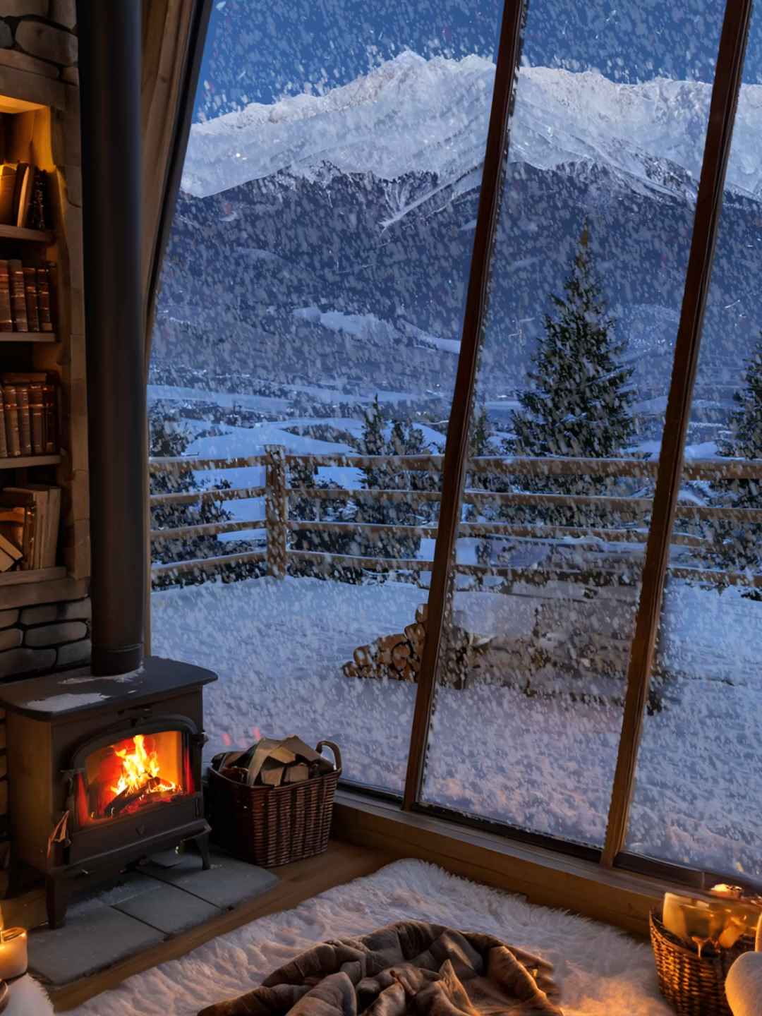 Cozy vibes on a snowy mountain night 🏔️✨ Just found the perfect spot to unwind and watch the snowfall outside! This cabin corner is giving me all the winter feels with its warm, glowing fireplace 🔥, the soft light from the candles, and the fluffy blanket inviting me to snuggle up. 🍂🔥🍃 The large window offers an incredible view of the snow-covered mountains and the serene, snowy landscape outside. You can almost feel the chill and hear the soft sound of the snowflakes gently falling. ❄️🌨️ The rustic charm of the stone wall and the wooden accents adds so much character to this cozy little nook. Plus, the basket of firewood and the neatly stacked logs by the fireplace are just the right touches to make this scene feel even more authentic. 🏡📚 Perfect evening to curl up with a good book or just enjoy the peacefulness of nature. Who else is dreaming of a winter getaway like this right now? 📖🌲 #winterwonderland #cozycabin #snowynights #mountainview #fireplace #ugurdesignn#rusticliving #snowymountain #cabinlife #wintervibes #naturelovers #peacefulevening #warmandcozy #snowfallmagic #rusticdecor #cabingoals #winterescape #mountainretreat #cozycorner #naturebeauty #rusticcharm #winterdreams