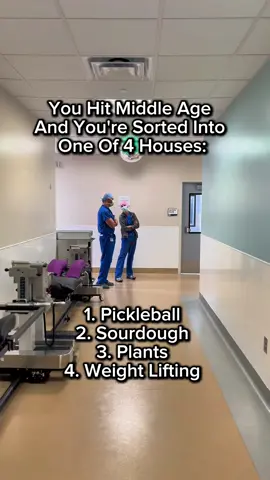 My #1 hobby will always be SURGERY 😷 But at some point in your 40s, you’re quietly sorted into one of 4 houses: 	1.	pickleball 	2.	sourdough 	3.	plants 	4.	lifting No ceremony. No warning.  Which one are you in⁉️⁉️ #40 #hobby #middleage #doctor #nurse #sorted #surgeon #tiktokhumor #doctoroftiktok 