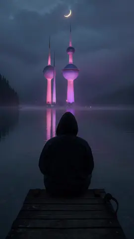 In the presence of calm, the soul remembers who it is. #KuwaitTowers #CinematicVibes #MoodyLandscape #NightPhotography #KuwaitByNight #VisualPoetry #MistAndMood #CalmAesthetic #HyperRealism #AIArtistry #DigitalDreamscape #HoodieSilhouette #SoftGlow #ReflectionShot #EmotionalScenery #DreamyVisuals #SereneNight #PeacefulMoment