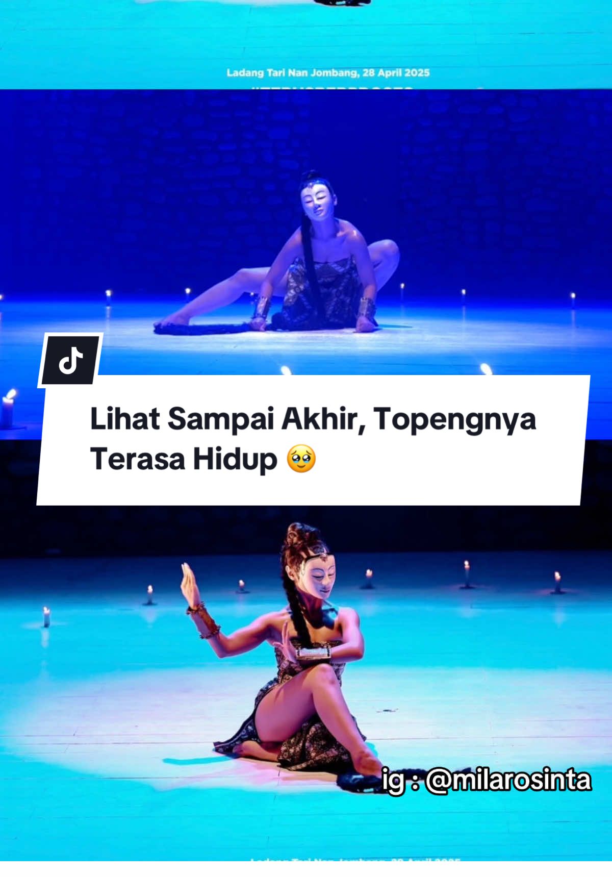 Lihat sampai akhir, Topengnya Terasa Hidup 🥹 Karya “Rikma” by Mila Rosinta Totoatmojo di @kabafestival oleh @nanjombangdancecompany 2025 ❤️ Koreografer & Penari : Mila Rosinta Komposer : @gamelanon  Bagi perempuan jawa, mengkonde rambut adalah sebuah simbol menuju kedewasaan yang sesungguhnya. Bersiap menghadapi labirin-labirin kehidupan dengan penuh kesabaran, kelembutan namun juga ketangguhan, keberanian dan tidak pantang menyerah. Sebuah ritus diam, namun penuh gema makna. Rikma bukan hanya sekadar tarian, melainkan nyanyian sunyi tentang perjalanan menuju kedewasaan yang sesungguhnya. Rambut, diangkat sebagai simbol kekuatan perempuan—mahkota dan senjata yang menyimpan daya tak kasat mata. Tari ini menelusuri narasi batin seorang perempuan yang bersiap memasuki babak baru—pintu-pintu kehidupan yang menguji dan menempa. Dalam setiap gerak, ada napas doa, ada denyut harap, dan ada kesetiaan terhadap jati diri. Ketika rambut digelung, maka di sanalah tersimpan kisah.. Menuju fase pernikahan, bukan hanya sebagai ikatan dua insan, tapi sebagai lompatan batin menuju ruang kehidupan yang baru, penuh tantangan dan cahaya. Rikma adalah perwujudan tarian yang mengalir dari akar tradisi menuju samudra kontemplasi. Sebuah persembahan bagi para perempuan yang setiap hari, dalam senyap, menyusun kekuatan mereka sendiri—seperti tangan yang sabar menggelung rambut menjadi konde, mengikat segala kemungkinan dalam satu simpul: kesiapan menjadi utuh 🍃 @lpdp_ri @indonesiana_platformkebudayaan  Terimakasih guru yg menginspirasi generasi muda untuk terus berkarya uda @mefriery , juga mbaku @angga_nanjombangdance tersayang yg luar biasa , @mefrinj @riomefri dan seluruh panitia yg memperjuangkan ruang ini utuk tetap membara dalam segala kondisi 👏👏👏 kalian luar biasa ✨ #senimanindonesia #penari #horor #viraltiktok #koreografer #padang #budayajawa #perempuanindonesia #budayaindonesia #milarosinta 