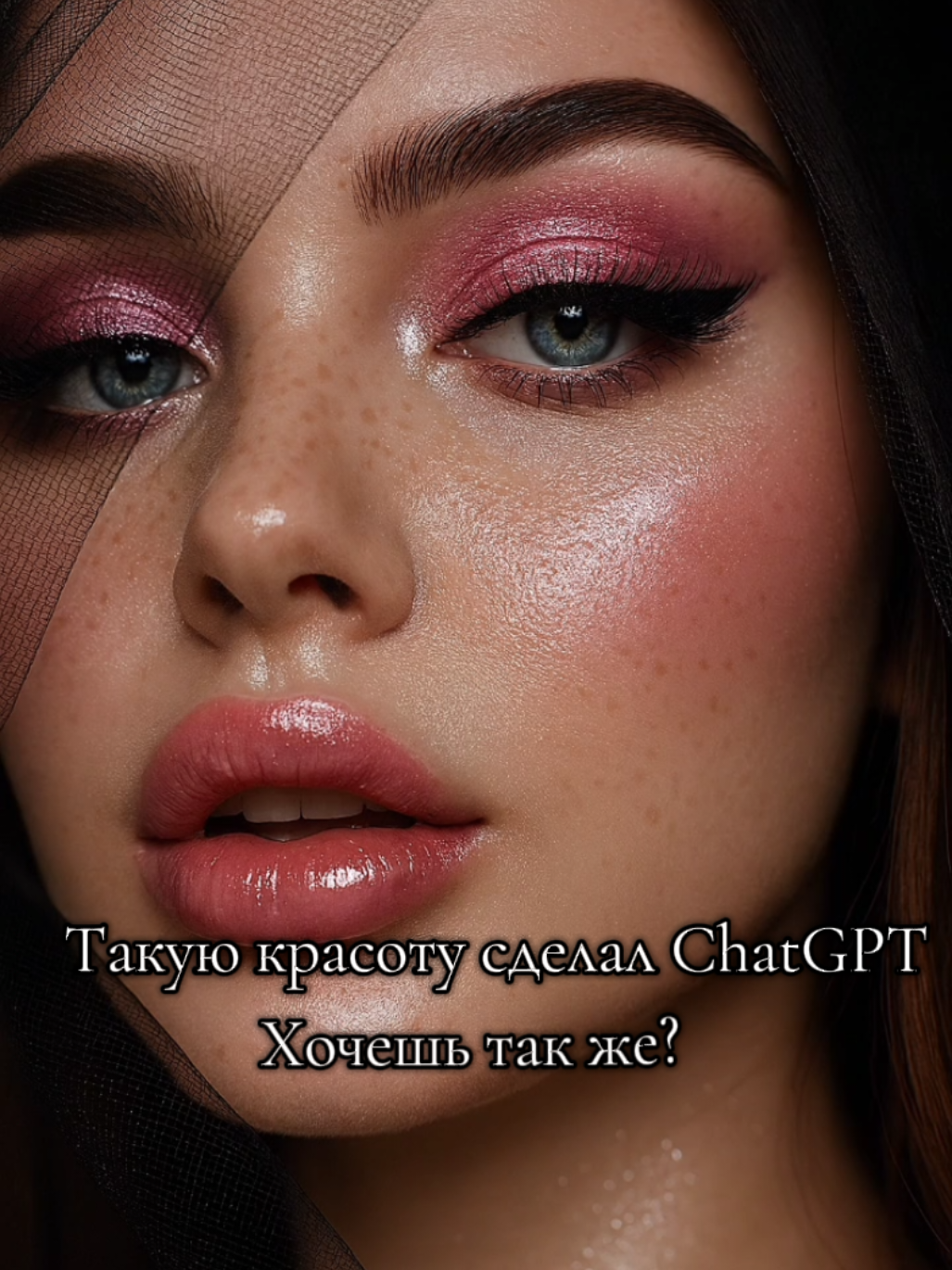 Подписывайся в телеграм, чтобы не пропустить новые промпты для ChatGPT. Ссылка в описании профиля 🥰 Промпт: Создай изображение меня. Макро-портрет девушки в три четверти, крупный план лица. Девушка с фарфоровой кожей, нежными веснушками, густыми тёмными бровями и выразительными голубыми глазами. На веках яркие розовые тени с шиммером, сияющий макияж в холодных тонах. Пышные ресницы подчёркивают взгляд, губы пухлые, глянцево-розовые, приоткрыты. Свет мягкий студийный, рассеянный, без жёстких теней. Лёгкий румянец на скулах с блестящим переливом. Лицо частично закрыто полупрозрачной чёрной вуалью, создающей модную и таинственную атмосферу. Стиль — глянцевая fashion-фотография, гиперреализм, высокая детализация кожи, текстуры и макияжа. 4K качество, съёмка на объектив 85 мм, минимальная глубина резкости. #промт #gpt #промпт #promt #promptgpt #photoprompt #chatgpt 