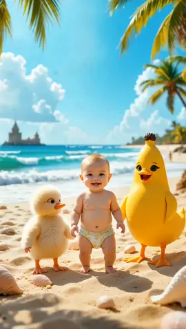 cute baby dance with chicken and banana on beach 🏖️#babydance #babylove #babydancer #chikenbanana #bananadancechallenge #babygirrl💜 