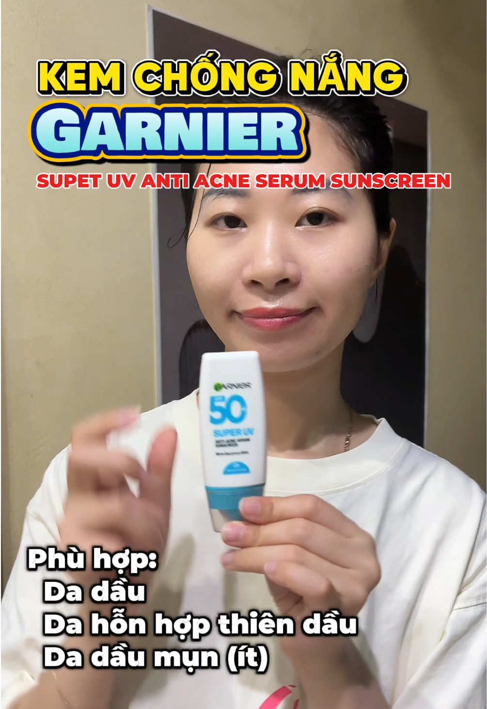Kem chống nắng Ganier Super UV Anti Acne Serum Sunscreen, kem chống nắng phổ rộng dành cho da dầu da ít mụn kiềm dầu lên 12 giờ. Mọi người tham khảo nhé ạ #garniervn #skincarepartner 