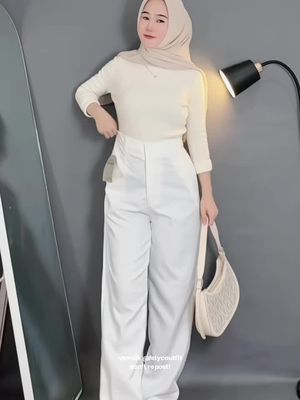 outfit simple pakai celana highwaist🤍😍 #celanaloosepants #celanawanita #ootdhijabstyle 