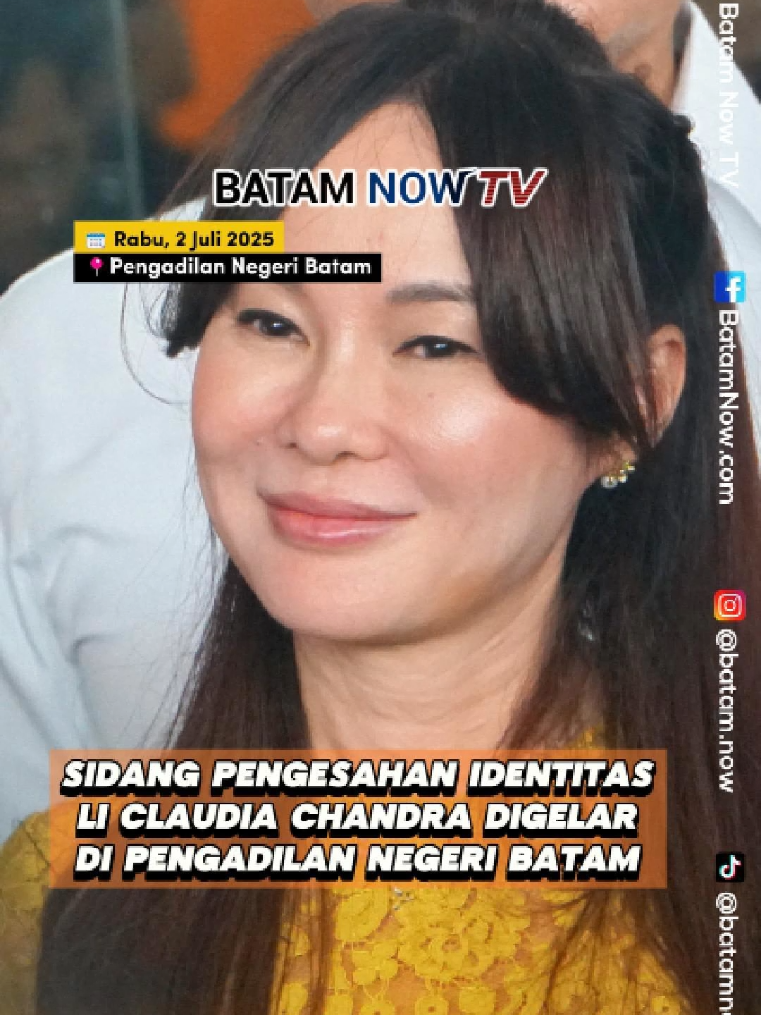 Pengadilan Negeri (PN) Batam menggelar sidang permohonan pengesahan identitas yang diajukan oleh Li Claudia Chandra, yang adalah Wakil Wali Kota Batam ex-officio Wakil Kepala BP Batam. Sidang tersebut berlangsung di Ruang Sidang Utama dan dipimpin langsung oleh Ketua PN Batam, Tiwik, yang bertindak sebagai hakim tunggal. Menariknya, meski dalam agenda resmi sidang dijadwalkan berlangsung pukul 09.00 WIB, sidang ini justru digelar lebih awal, sekitar pukul 08.30 WIB. Hal ini dibenarkan oleh Humas PN Batam, Vabiannes Stuart Wattimena, saat ditemui di Media Center PN Batam. 