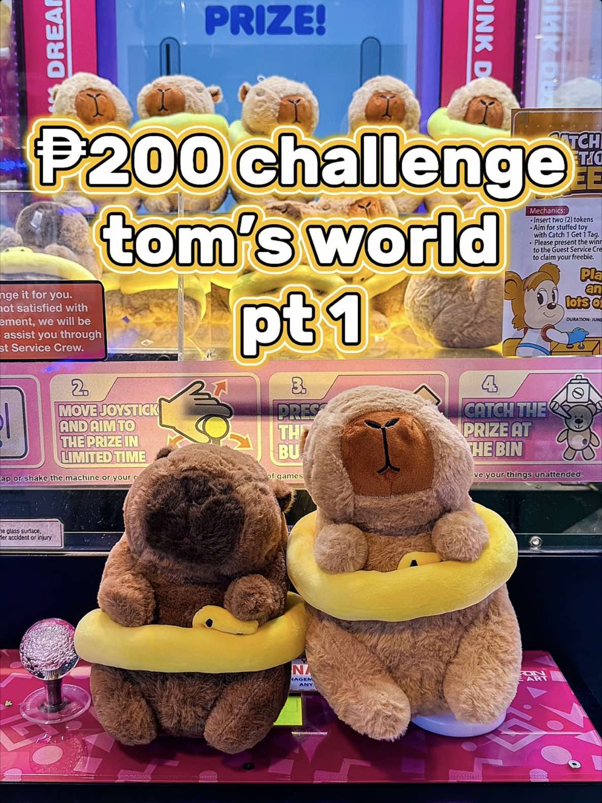walked in with ₱200, walked out with 2 capys + a bag charm 😄 what’s the best tom’s world brach? #fyp #xyzbca #clawmachine #tomsworld #timezone #clawmachinewin #cranegame 