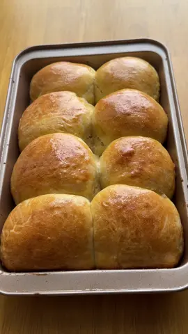 Fluffy Bread Ingredients: 	•	Milk: 120 g 	•	Heavy cream: 85 g 	•	1 egg 	•	Sugar: 25 g 	•	Instant yeast: 1 small spoon 	•	All-purpose flour: 375 g 	•	Salt: ¼ tsp 	•	Soft butter: 30 g For brushing: 	•	1 egg yolk + 1 small spoon heavy cream Instructions: 	1.	Warm milk. Mix with cream, sugar, egg, yeast. 	2.	Add flour and salt. Mix to form dough. 	3.	Knead bravely until smooth. 	4.	Add butter, knead until absorbed. 	5.	Cover, let rise until doubled (1–1.5 hr). 	6.	Punch down, cut into 8 balls. 	7.	Shape and place in pan. Let rise 45–60 min. 	8.	Brush with yolk + cream. 	9.	Bake at 175°C (350°F) for 25–30 min. #dinnerrolls #bread #easybread  #baking #homemadebread #homemade  #breadrecipe #breadtok #buns  #tiktokfood 