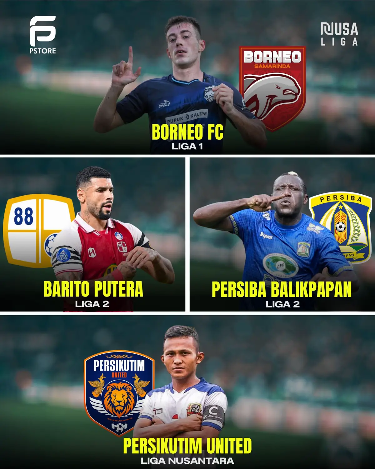 4 klub asal Kalimantan di Kompetisi Liga Indonesia (LIB). Borneo FC Samarinda bermain di Liga 1 musim 2025/2026, sementara dua tim di Liga 2, dan Persikutim United di Liga Nusantara. #NusaLiga #Liga1 #Liga2 