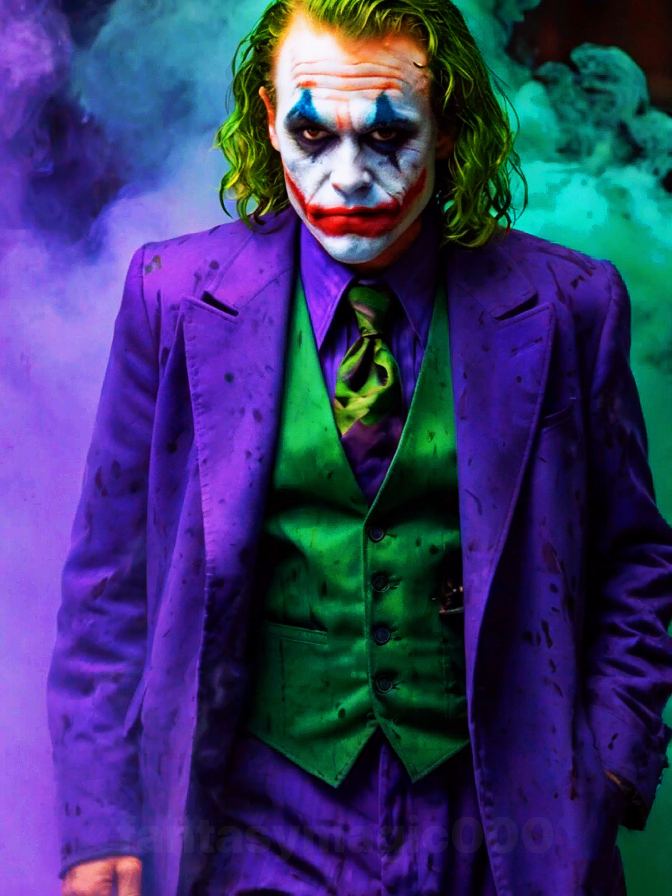 The Joker in a purple suit and green vest stands amidst swirling smoke, his maniacal grin widening as chaotic laughter echoes. #livewallpaper #4klivewallpaper #fantasyart #ai #epic #fyi #coolwallpapers #coolwallpaper #wallpapers4k #4kwallpaper #wallpaper #bestwallpaper