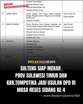 Harapan masyarakat Sulawesi Tengah untuk pemekaran wilayah kian menemukan titik terang. Dalam edaran resmi bertajuk Daftar Usulan Pembentukan Calon Daerah Otonom Baru (CDOB) DPD RI Tahun 2025, Dewan Perwakilan Daerah Republik Indonesia (DPD RI) memasukkan dua usulan dari Provinsi Sulawesi Tengah yang masuk dalam daftar prioritas. Berdasarkan hasil penjaringan aspirasi selama masa reses sidang ke-4 yang berlangsung sejak 23 Mei hingga 19 Juni 2025, DPD RI mengusulkan pembentukan: 	1.	Provinsi Sulawesi Timur, yang akan meliputi wilayah Kabupaten Banggai, Banggai Kepulauan, Banggai Laut, dan sebagian wilayah Kabupaten Morowali. 	2.	Kabupaten Tompotika, yang merupakan pemekaran dari wilayah Kabupaten Banggai. Usulan ini menjadi bagian dari langkah strategis dalam mendorong percepatan pemerataan pembangunan, pelayanan publik, dan kesejahteraan masyarakat di wilayah yang dinilai layak secara administratif, geografis, dan ekonomi. “DPD RI mendengarkan suara rakyat dan mengakomodasi usulan pemekaran yang sudah lama diperjuangkan,” ungkap salah satu anggota DPD asal Sulawesi Tengah. Ia menegaskan bahwa aspirasi pemekaran ini juga selaras dengan kebutuhan daerah untuk penguatan tata kelola pemerintahan yang lebih efektif. Provinsi Sulawesi Timur menjadi salah satu yang cukup lama diperjuangkan oleh tokoh-tokoh lokal di wilayah Teluk Tomini. Dengan potensi sumber daya alam yang besar dan aksesibilitas antarwilayah yang menantang, pemekaran ini dinilai sangat relevan dalam konteks pembangunan kawasan timur Sulawesi Tengah. Sementara itu, Kabupaten Tompotika diusulkan sebagai upaya untuk memperpendek rentang kendali pemerintahan dan mempercepat pembangunan wilayah timur Kabupaten Banggai yang selama ini relatif tertinggal. Meski masih berupa usulan, masuknya dua nama dari Sulawesi Tengah dalam daftar resmi DPD RI memberi angin segar bagi perjuangan panjang masyarakat di wilayah tersebut. Kini bola berada di tangan pemerintah pusat untuk menindaklanjuti dan menilai kelayakan lebih lanjut sesuai ketentuan perundang-undangan yang berlaku. Selengkapnya di www.RadarNasional.net 