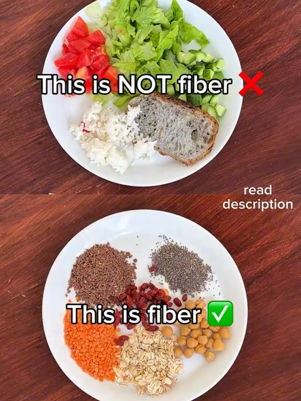 I recently had a conversation with my friend who has been in the fitness industry for years. She was eating lettuce and cucumbers for fiber… 💡and that’s when I realized so many people think they’re getting enough fiber, but — they aren’t. ‼️For example, plate #1 = ~1g of fiber, while plate #2 = 21–23 grams of fiber. 🥗  6 foods higher in fiber, per 100g:  – Chia seeds 34g  – Flaxseeds 27g  – Lentils 11g  – Raspberries 6.5g  – Oats 10g  – Artichokes 5.5g 🥒  6 foods lower in fiber (even if they seem “healthy”):  – Iceberg lettuce 1g – Cucumbers 0.5g  – Watermelon 0.4g  – Zucchini 1g  – White rice 0.4g  – Tomatoes 1.2g ✨  Fiber feeds good gut bacteria, supports digestion, balances blood sugar, controls weight, and lowers inflammation. 📌 Remember: Adults need about 23–35 grams per day! You don’t need to eat everything at once. A balanced, diverse diet makes it simple to get enough fiber without overthinking. 💡 follow for more tips and if you feel lost about how to build a healthy meal plan that’s satisfying and helps you reach your goals, DM me. #fiberfacts #guthealth #nutritiontips #nutritionist #plantbased #fiber #blessedlifewithmafia 