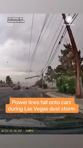Dashcam video captured the moment power lines crashed down onto vehicles during a dust storm in Las Vegas. What to do if power lines fall on your car: Stay in your vehicle and put your hands on your lap. If you step out, you could be electrocuted because your body would complete the circuit between that electrified car and the ground. Call 911 with a cell phone and prevent others from approaching. #severeweather #wind #duststorm #vegas #thunderstorm #caughtoncamera #dashcam #weather #accuweather 