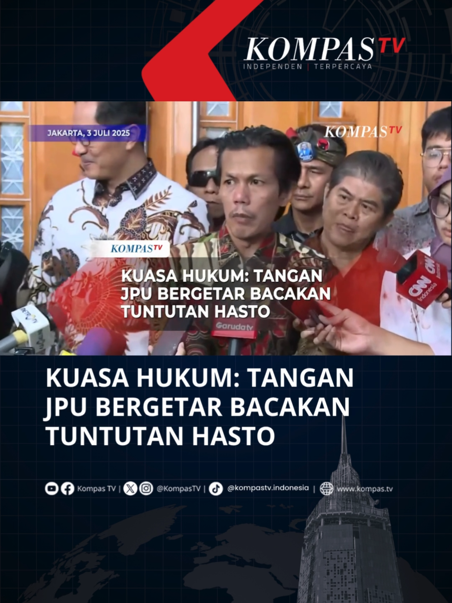 Kuasa Hukum Hasto, Arief Patramijaya mengatakan bahwa tangan Jaksa Penuntut Umum bergetar saat pembacaan tuntutan. Hal ini disampaikan Arief usai pembacaan tuntutan untuk Terdakwa Hasto Kristiyanto yang digelar di Pengadilan Tipikor pada Kamis (3/7/2025). 