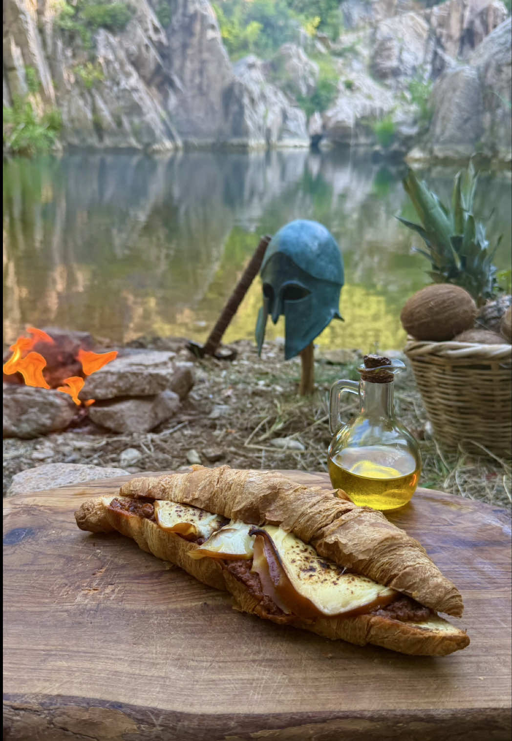 🇬🇷 Croissant with smoked cheese and minced beef 🔥🥩⚔️ Katana torch: @Yocan Red  https://yocanred.com/ #outdoorcooking #Outdoors #nature #croissant #beef #cheese #food #fyp 