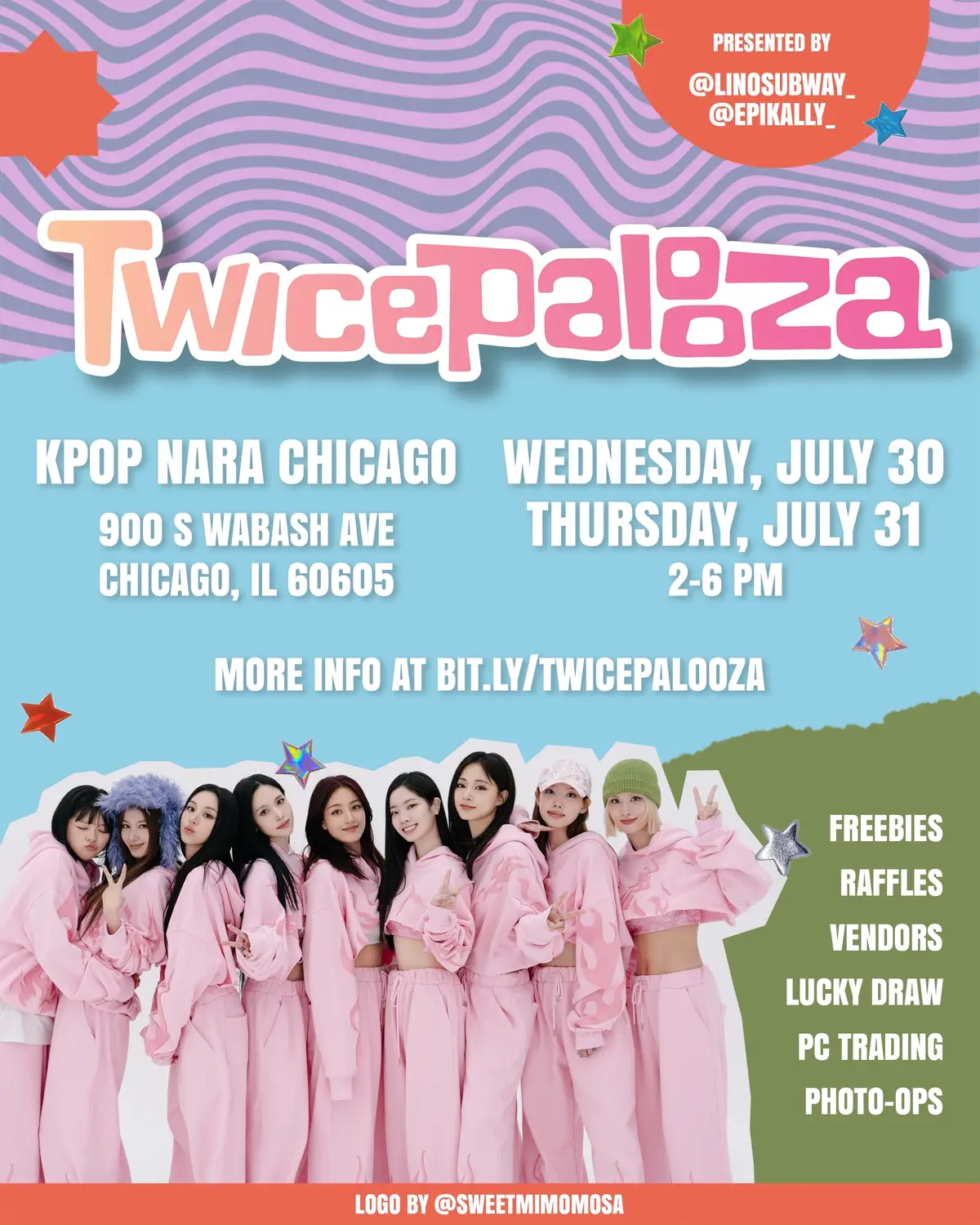 Get festival-ready and celebrate @TWICE headlining Lollapalooza at our free fan event in Chicago! 📍 @kpopnaraofficial Chicago Event Space 🗓 July 30-31, 2-6pm 🍭 Raffles, vendors, PC trading, lucky draw, photo-ops & more! 🤲 Freebies available while supplies last, no purchase necessary. 🎉 Reserve a Festival Tier for additional goodies & sorted PCs - free shipping included if you’re unable to attend in person! Event updates, more info & Festival Tier form at bit.ly/twicepalooza (🔗in bio) #TWICEpalooza #TWICE #트와이스 #THISISFOR #Lollapalooza #Chicago #ONCE #kpopcupsleeve 