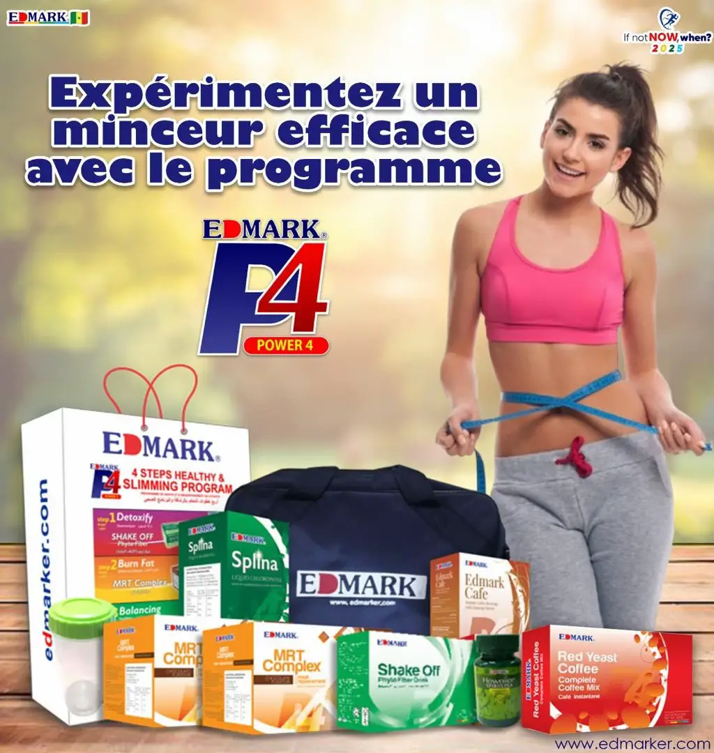 Découvrez le programme P4 d’Edmark : votre solution complète pour une perte de poids saine et durable! ✅ Détoxifiez votre corps  🔥 Brûlez les graisses naturellement  💪 Renforcez votre métabolisme  🌟 Retrouver une énergie et une silhouette qui vous ressemblent 𝘚𝘶𝘪𝘷𝘦𝘻-𝘯𝘰𝘶𝘴 𝘴𝘶𝘳 𝘍𝘢𝘤𝘦𝘣𝘰𝘰𝘬 : https://www.facebook.com/edmarksenegal/ 𝘗𝘰𝘶𝘳 𝘦𝘯 𝘴𝘢𝘷𝘰𝘪𝘳 𝘱𝘭𝘶𝘴 𝘴𝘶𝘳 𝘌𝘋𝘔𝘈𝘙𝘒 𝘐𝘯𝘵𝘦𝘳𝘯𝘢𝘵𝘪𝘰𝘯𝘢𝘭, 𝘭𝘪𝘴𝘦𝘻 𝘴𝘶𝘳 https://edmarker.com/ #IfNotNowWhen #EDMARK4Life #EDMARKSENEGAL Si vous voulez suivre ce programme, veuillez me contacter au 775425477