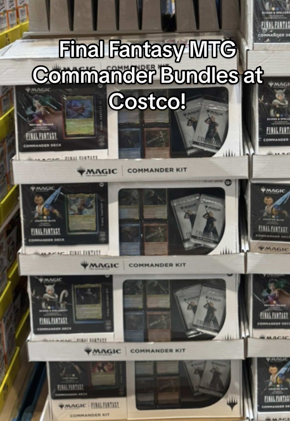 Final Fanstasy MTG Commander Deck bundled at Costco!  $59.99 gets you the commander deck, 2 play boosters, and 4 additional cards.  After how crazy the prices have been this was awesome to see.  #magicthegathering #mtg #magicthegatheringcards #magicthegatheringfyp #mtgcommander #mtgtiktok #finalfantasymtg 